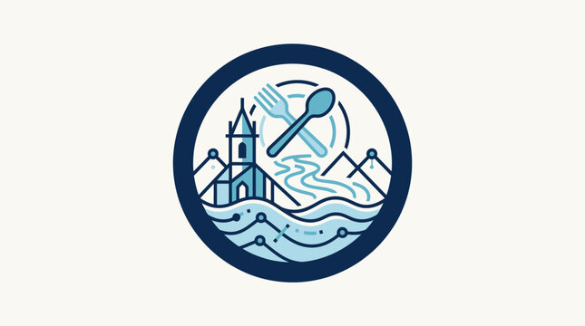 Scenic Emblem Featuring Church Food and Landscape