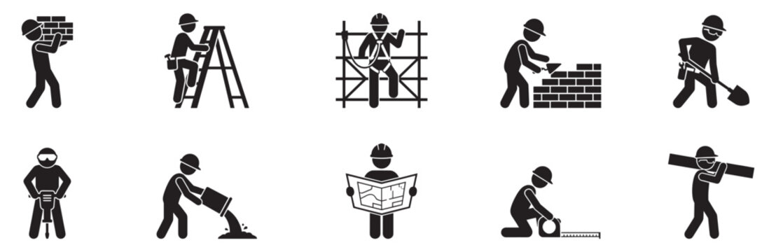 Construction workers icon set. Construction workers silhouettes set building and working on site. Vector Illustration. EPS 10