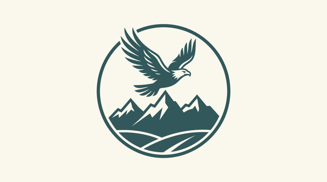 Eagle Soaring Above Mountains in a Circular Logo