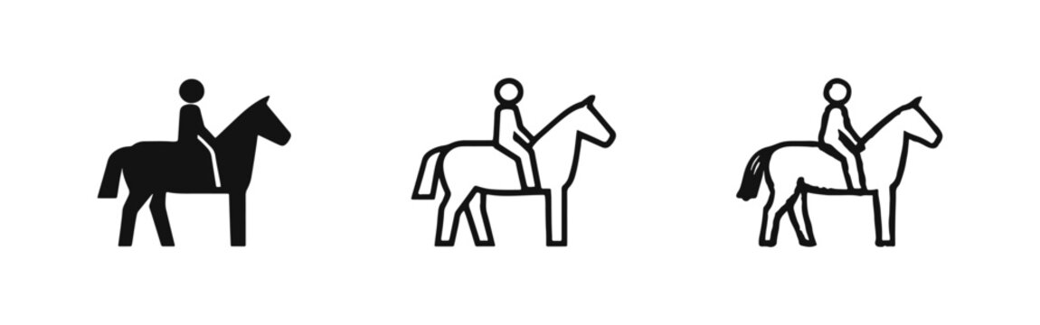 Horse Riding Icons Set: Solid, Outline, and Hand-Drawn Styles of Rider on Horse