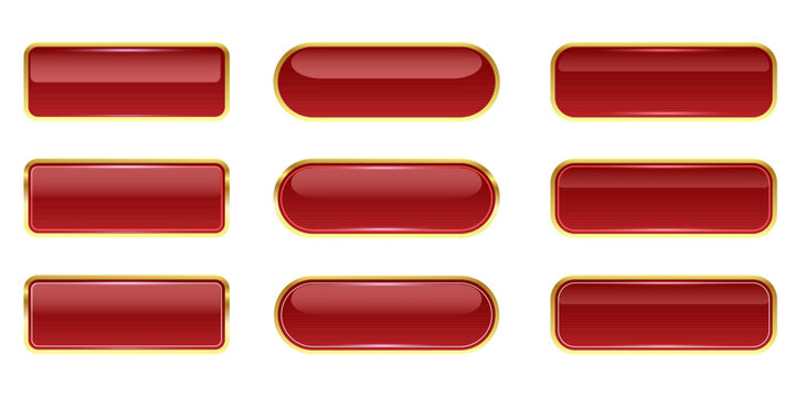 Set of glossy red buttons with gold frames. 3D realistic web elements buttons with reflections. Vector Square and rounded luxury button icons isolated on white background for UI and game design.