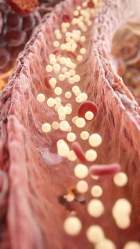 Glucose Hormone Blood Sugar Insulin in Artery Bloodstream Circulation with Red Blood Cell, Medical Physiology Research Microscopic Illustration of Metabolism and Endocrine Regulation Flow