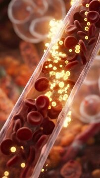 Glucose hormone blood sugar insulin artery red blood cell blood vessel circulation, 3d medical illustration of insulin molecules transporting glucose bloodstream through artery vein capillary plasma