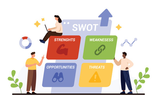 SWOT analysis for company strategy, infographic diagram presentation with four elements. Tiny people compare strength and weakness, opportunity and threat in SWOT matrix cartoon vector illustration