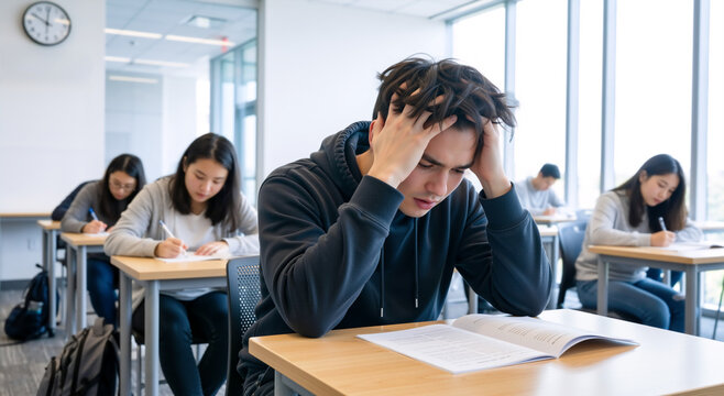 Stressed male student holding his head while taking a difficult exam. Frustrated teenager struggling with a test in a sunny classroom with other students