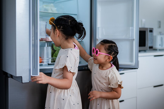 Two young girls wearing flower sunglasses opening the fridge looking for a snack