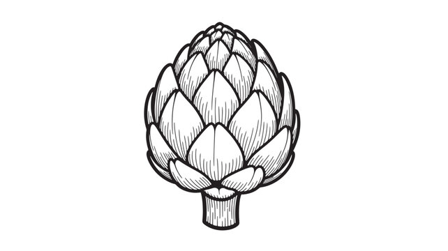 Artichoke drawing with detailed floral petals and a thick stem in a clean, minimalist black and white illustration style