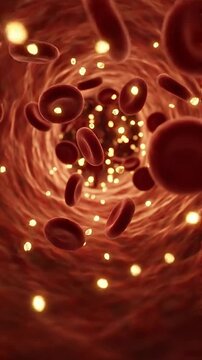 Glucose hormone blood sugar insulin flow through blood vessel with red cell bloodstream circulation, glowing particles artery and vein showing metabolic regulation and endocrine health medical