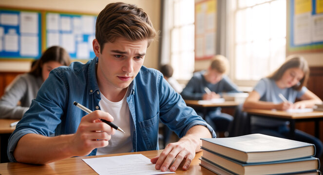 Young male student taking a difficult exam in a classroom. Stressed man thinking about test answers with books on the desk. Academic evaluation and education concept