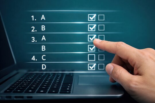 Online test or survey interface with multiple choice selection digital assessment concept