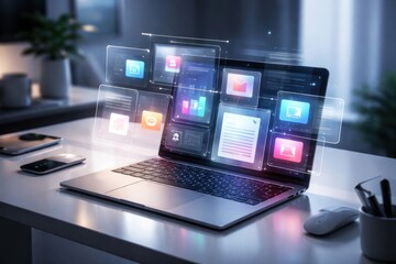 Fototapeta premium Digital workspace with floating icons.