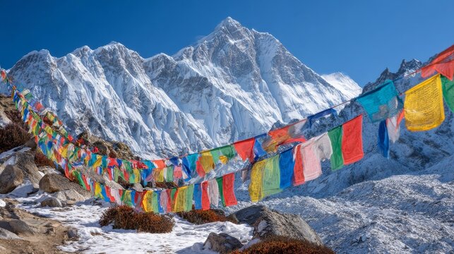 Colorful prayer flags fluttering on a snowy mountain peak in the Himalayas