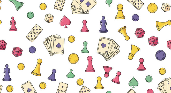Colorful seamless pattern features various board game pieces like pawns, dice, and cards.