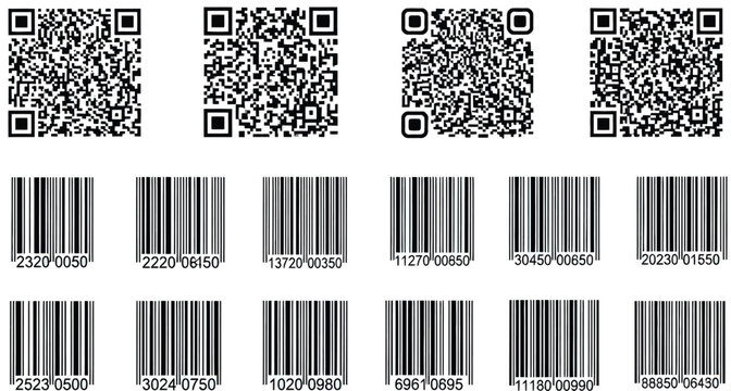 A collection of various scannable barcode types and QR codes representing digital data.