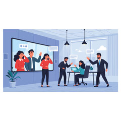 Fototapeta premium Dynamic business meeting scene with remote team members appearing on large screen, engaging in video conference, collaborative discussion, modern office environment. Vector art