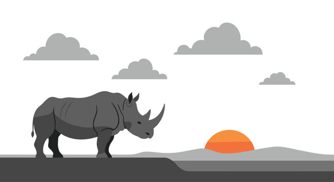 A grey rhinoceros stands on a layered grey landscape with grey clouds and an orange setting sun in a minimalist illustration.
