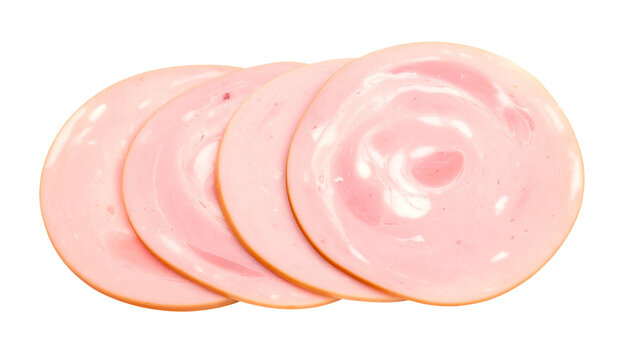 Four pink, circular ham slices slightly overlapping on a black background