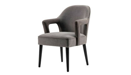 Fototapeta premium Sleek gray upholstered arm chair with black legs on a black background