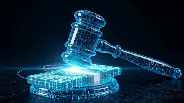 Glowing Digital Gavel Strikes Stack Of Digital Currency On Circuit Board Legal Tech In Dark Blue Futuristic Background For Law Finance Technology Applications