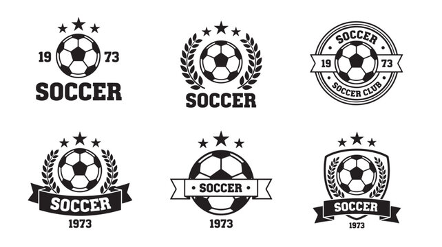 Soccer ball emblems featuring laurel wreaths, stars, and vintage year 1973 text, presented in a black and white graphic design style