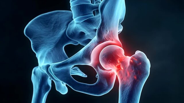 Anatomical 3D Medical Visualization of a Human Hip Joint Suffering from Pain and Inflammation Glowing Red Against a Dark Blue Background