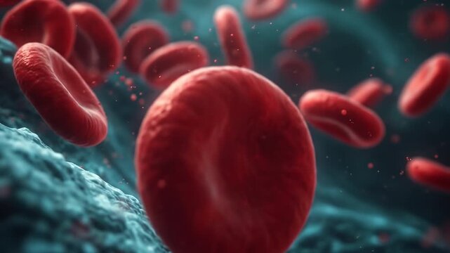 Red blood cells flowing in bloodstream, circulation system, medical science, human biology.