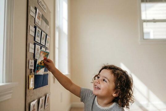 Child Using Visual Schedule Board on Wall Learning Routine