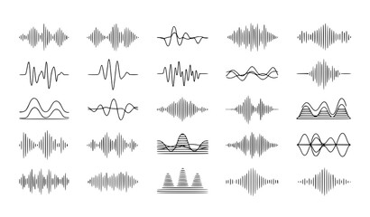 Minimal sound wave line vector set with clean audio pulse and vibration elements isolated on white background © MdMoymul