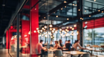 Fototapeta premium Blurred view of people in a modern, well-lit restaurant or cafe with warm lighting and a stylish, industrial interior design.