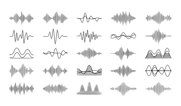 Minimal sound wave line vector set with clean audio pulse and vibration elements isolated on white background