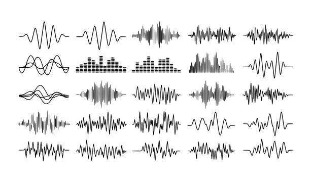 Sound wave and pulse line vector set with vibration audio elements for music app design isolated on white background