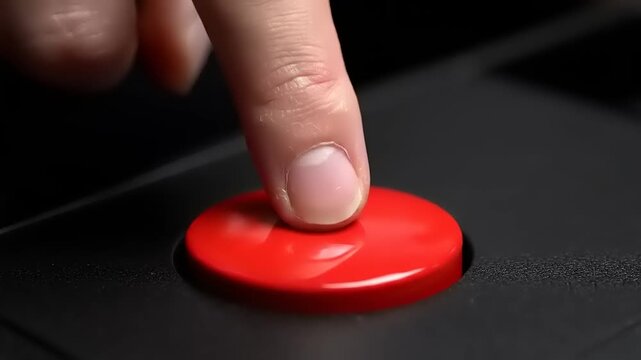 Finger pressing red button on black.