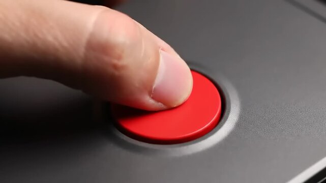 Finger pressing red button on gray.