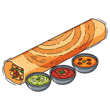 masala dosa with chutneys flat cartoon vector illustration