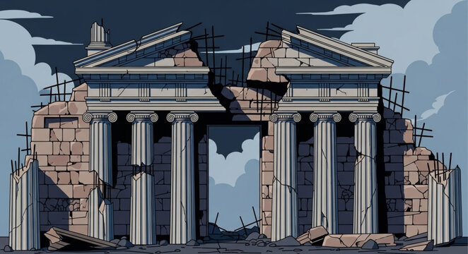 Ancient Greek Temple Ruins With Ionic Columns And Pediment.