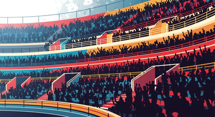Vibrant stadium seating filled with cheering spectators during a sporting event. © Pras