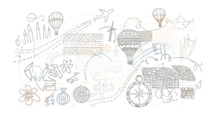 Obraz premium Whimsical illustration of a global travel journey. Hand-drawn doodles of hot air balloons, compasses, and exploration elements symbolize adventure, discovery, and interconnected paths