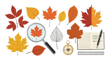 Autumn Leaves Collection with Magnifying Glass, Notebook, and Compass © Kamar