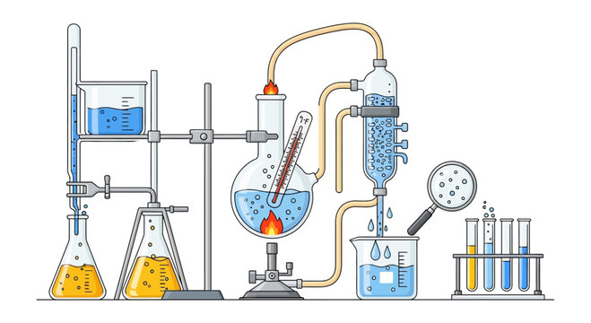 Chemical distillation setup with beakers, flasks, and test tubes, scientific experiment illustration