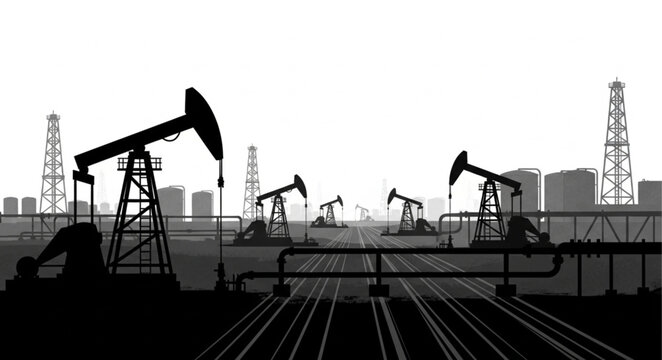 Oil pump jacks working in an industrial landscape silhouette.