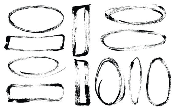 Grunge brush stroke doodle circles and squares. Charcoal vector oval and rectangular frames set. Markers hand drawn highlightning circles and elipses.