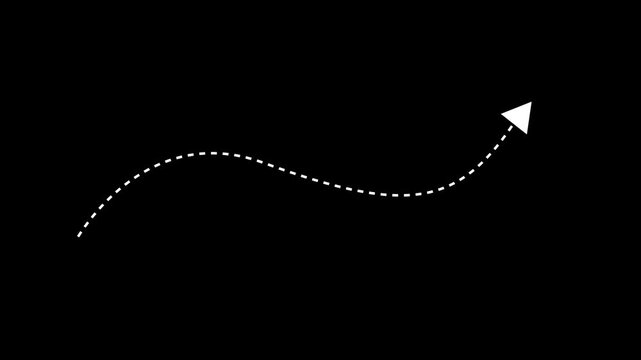A white dotted curved arrow smoothly moving upward on a dark background, representing direction, growth and motion flow ideal for presentations, infographics and overlay animations