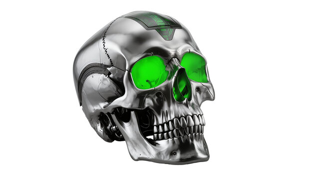 Chrome cyborg skull with glowing green eyes, isolated on transparent background