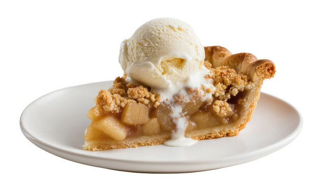 Golden brown apple crumble pie slice with vanilla ice cream, isolated on transparent background
