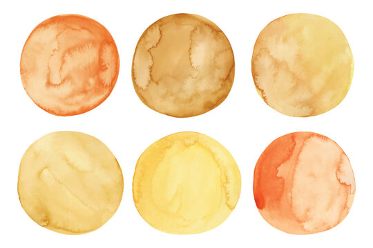 Watercolor Hand Painted Circles Set. Yellow circle, aquarelle blobs isolated on white background. Vector watercolour paint orange round stains collection.