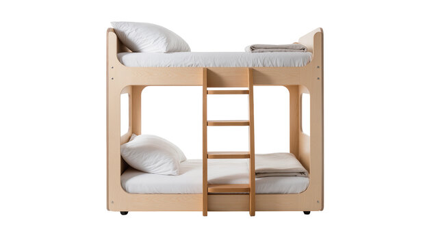 Modern wooden bunk bed with white pillows and blankets, isolated on transparent background