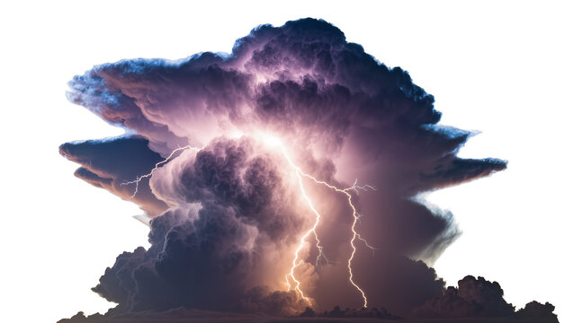 Dramatic cumulonimbus storm cloud with bright lightning strike, isolated on transparent background