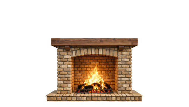 Rustic brick fireplace with burning logs and wooden mantelpiece, isolated on transparent background