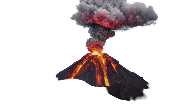 Active volcano erupting molten lava and ash cloud, isolated on transparent background
