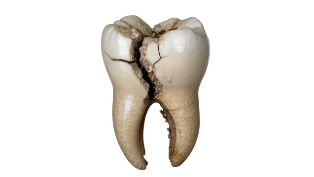 Cracked and decayed molar tooth with exposed root, isolated on transparent background
